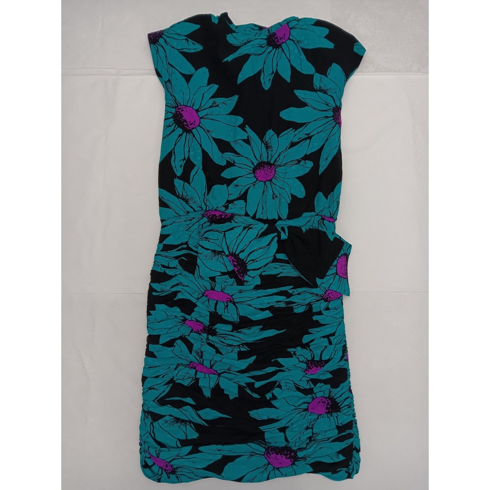 Raul Blanco Vintage 80s Silk Floral Ruched Cocktail Dress Teal‎ Black Purple 10